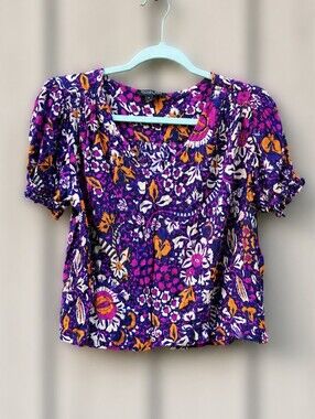 Rachel Zoe Crop Top Puff Sleeve Blue Purple Floral Ruffles V-neck Smocked Yoke S